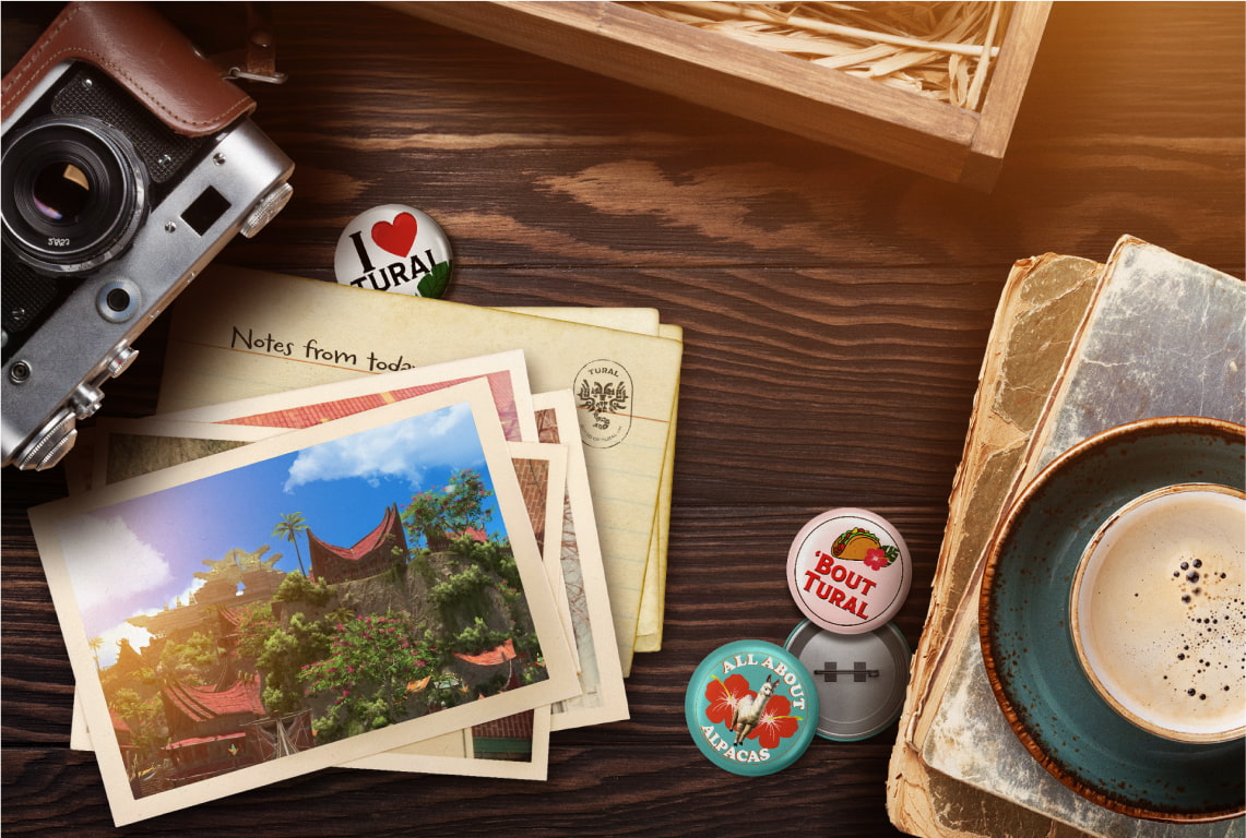 A photo of postcards, pins and notepads on a desk